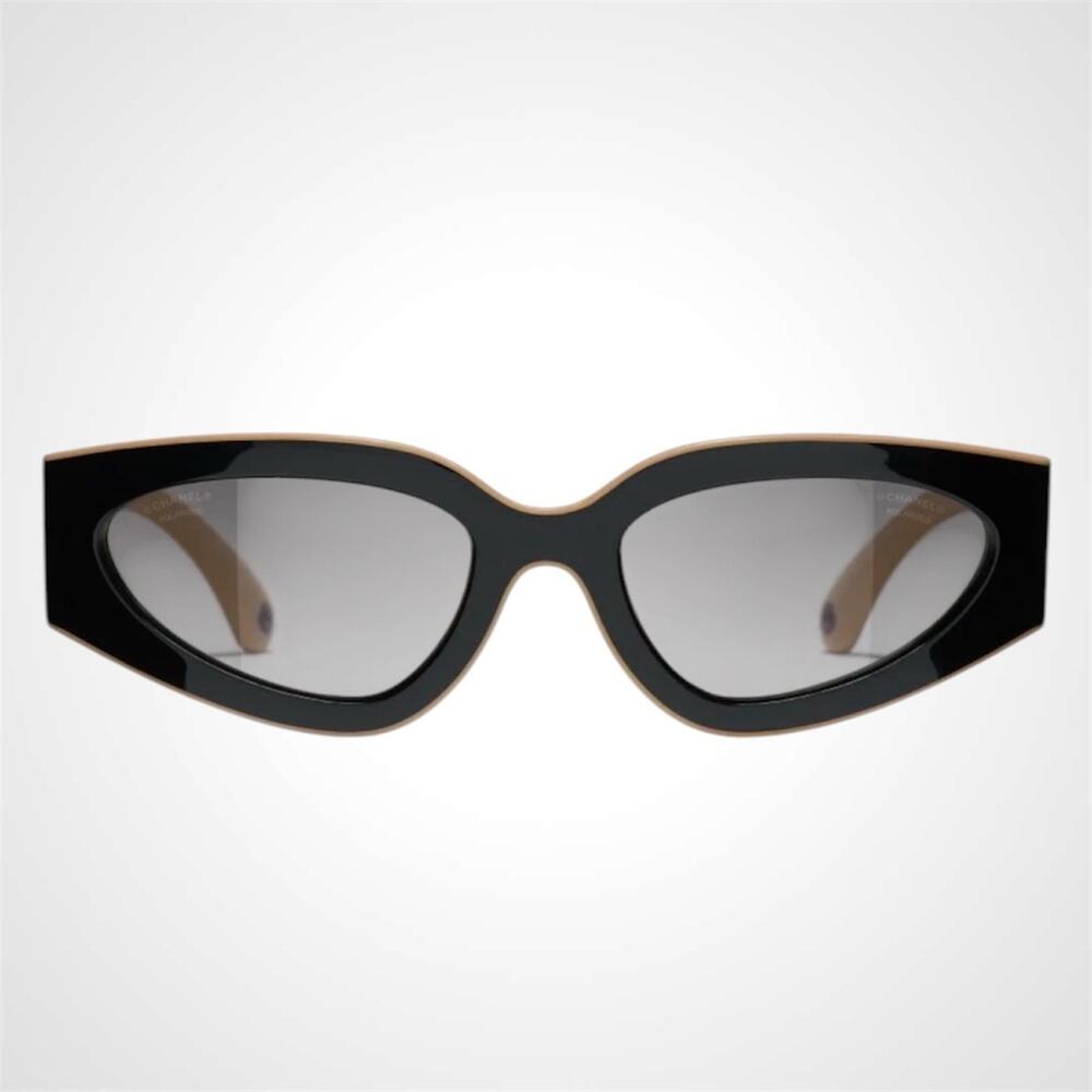 NEW CHANEL Sunglasses Black Polarized Cat Eye CC Logo Beige - Picture 2 of 5